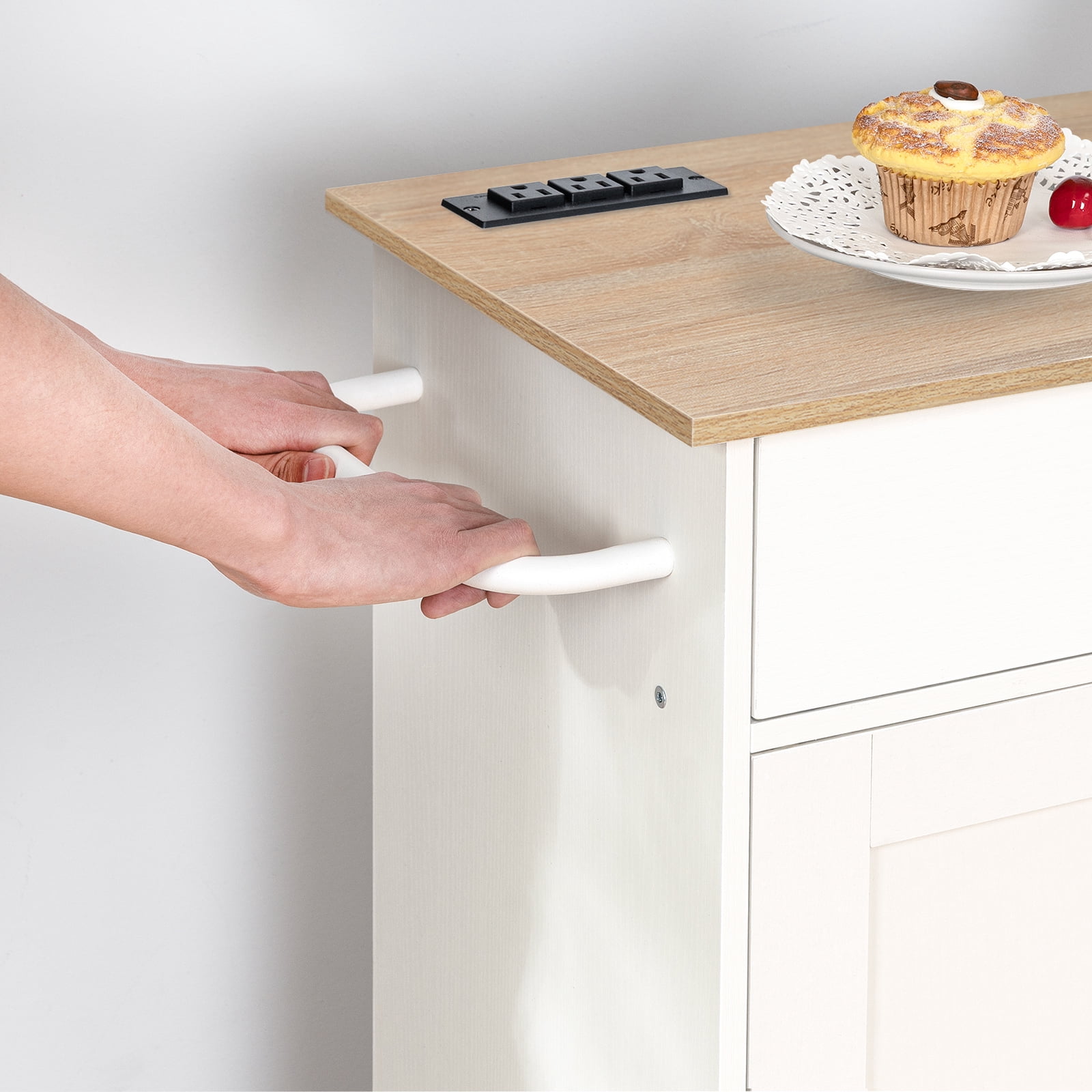 HOOBRO Kitchen Island with Power Outlet, Kitchen Storage Island with Spice Rack and Drawer, Rolling Kitchen on Wheels, for Home, Dining Room, Natural and White WN82UZD01G1