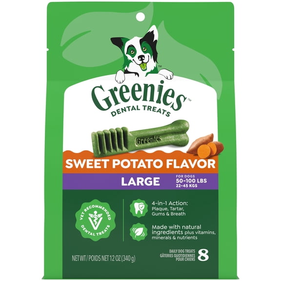 Greenies Sweet Potato Flavor Adult Natural Dental Dog Treats Large Size, 12 oz Pack (8 Count)