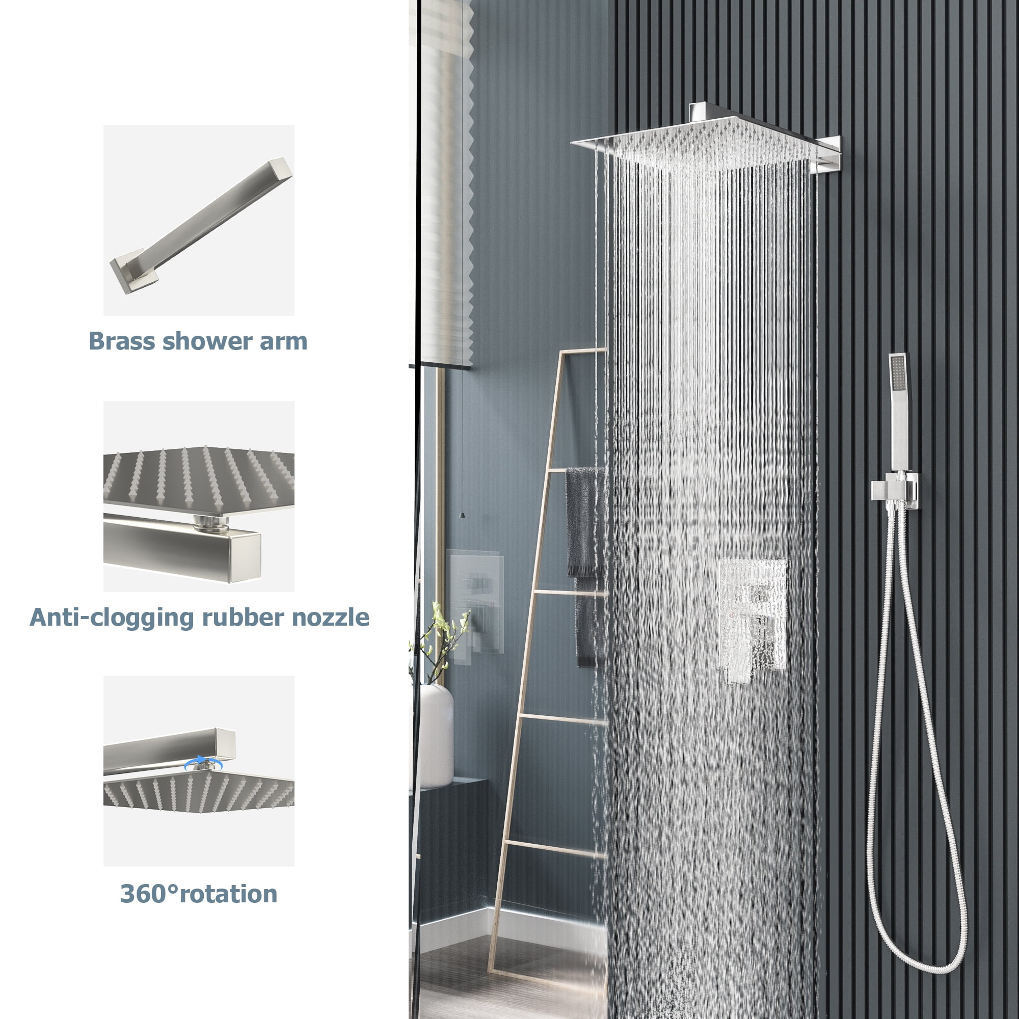 Logmey 10" Wall Mounted Pressure Balancing Dual Shower Rain Shower System with Rough-in Valve and Trim Kit, Brushed Nickel Stainless Steel Shower Head