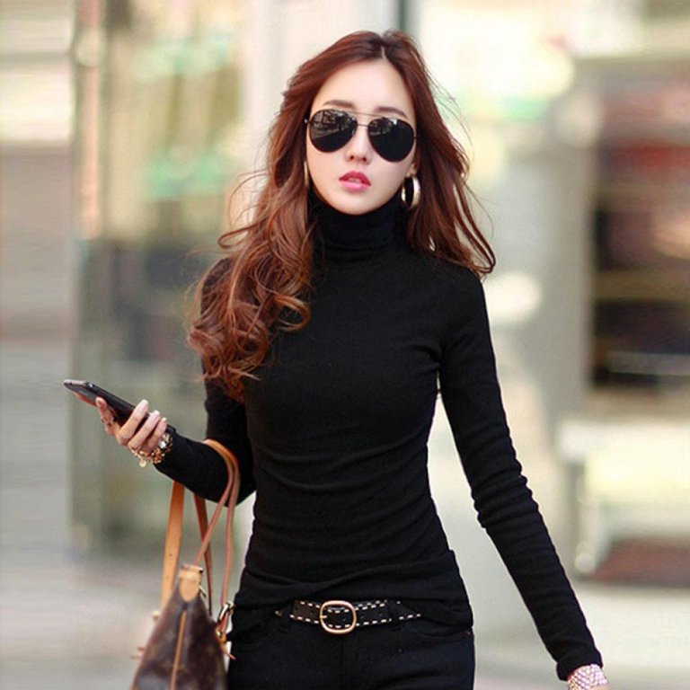 Fashion Womens Long Sleeve Turtleneck Slim Shirt Tops Cotton Slim