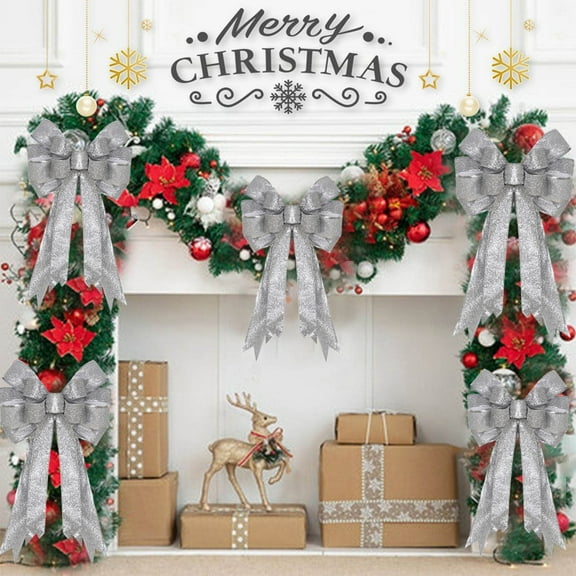 DAMAI Large Lighted Silver Bows for Christmas Tree Topper, 16 x 9 Inch Christmas Bows Glitter Christmas Tree Topper Bows Wreath Bow for Fall Halloween Thanksgiving Christmas Decorations