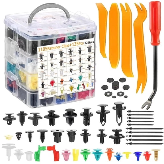 1240Pcs Car Push Retainer Clips Kit - 32 Sizes Nylon Fasteners with 5 Removal Tools, 10 Cable Ties & 120 Spongy Cushions for Toyota GM Ford Honda