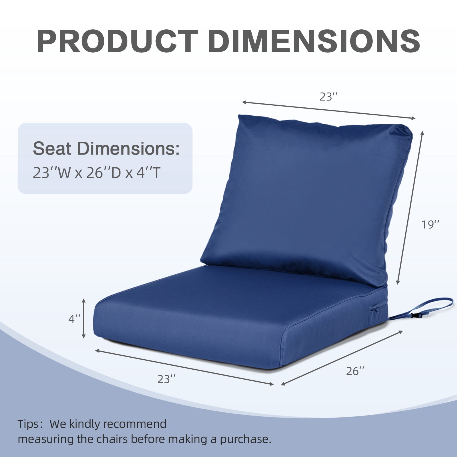 Aoodor Outdoor Chair Cushions Set, 23"x26", Water Resistant Outdoor Deep Seat Cushions with Handle & Adjustable Straps, Navy Blue