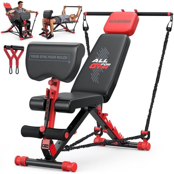 GIKPAL 8 Positions Multi-purpose Adjustable Weight Bench with Resistance Band,Foldable Workout Bench With Extended Headrest & Preacher Curl for Home Gym, 880lbs Capacity