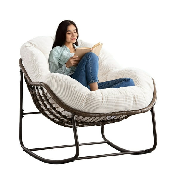 SDJPOI Outdoor Rattan Rocking Chair with Padded Cushion, Rocker Recliner Chair Outdoor for Front Porch, Living Room, Patio, Garden