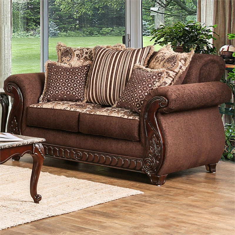 Furniture of America Clel Traditional Fabric Upholstered Loveseat in Brown