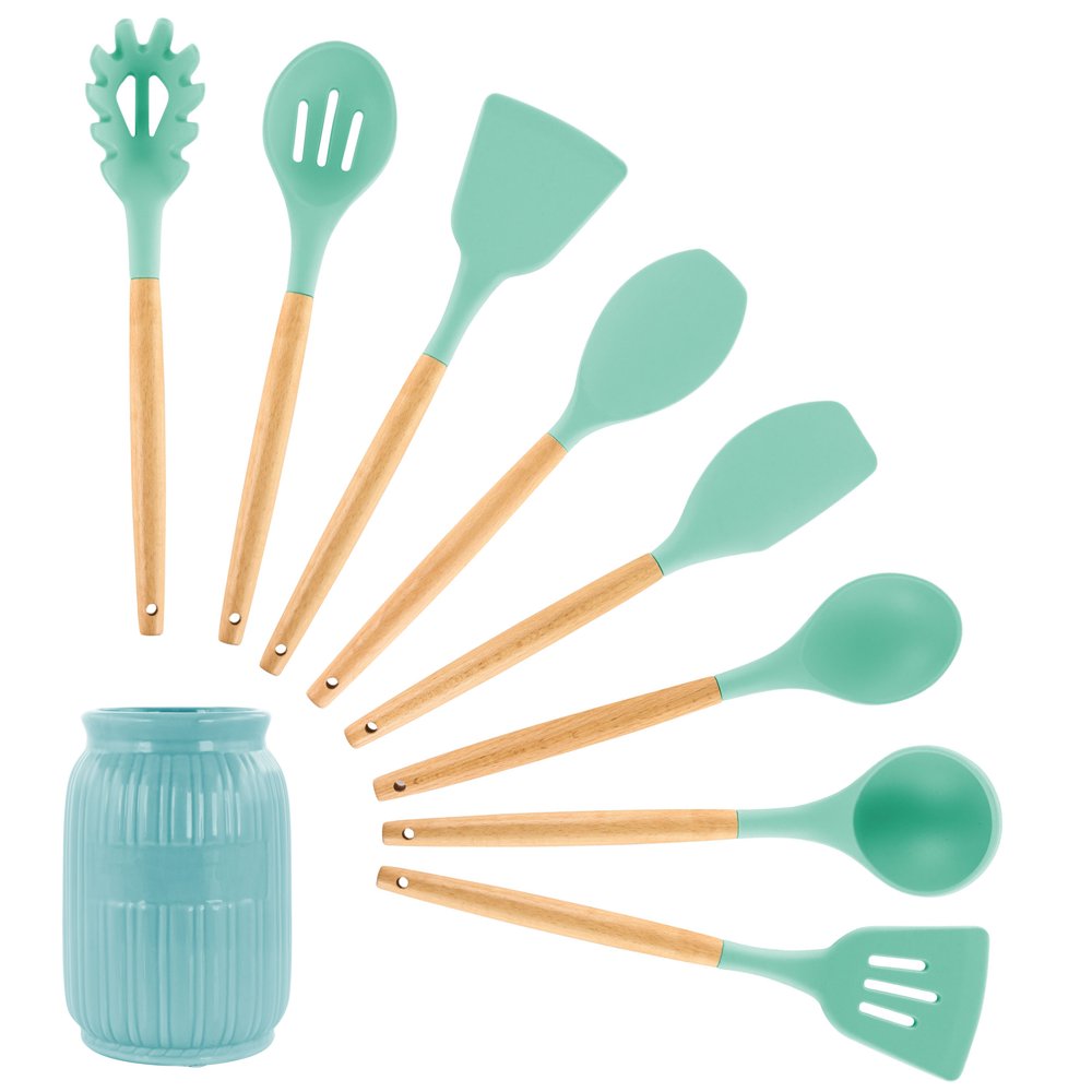 MegaChef Mint Green 9 Piece Silicone and Wood Cooking Utensils