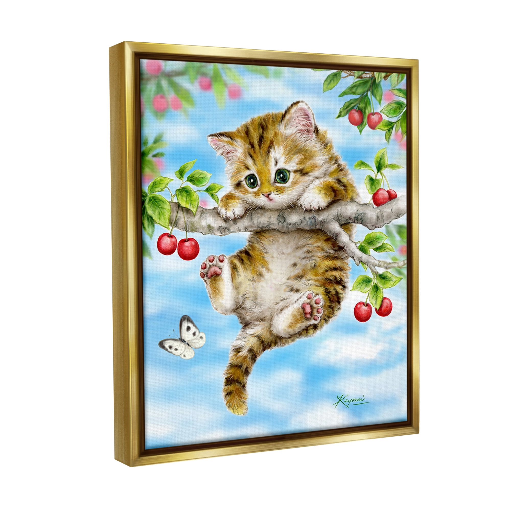 Stupell Industries Kitten Chasing Butterfly Animals & Insects Painting Gold Floater Framed Canvas Art Print Wall Art, 25 x 31