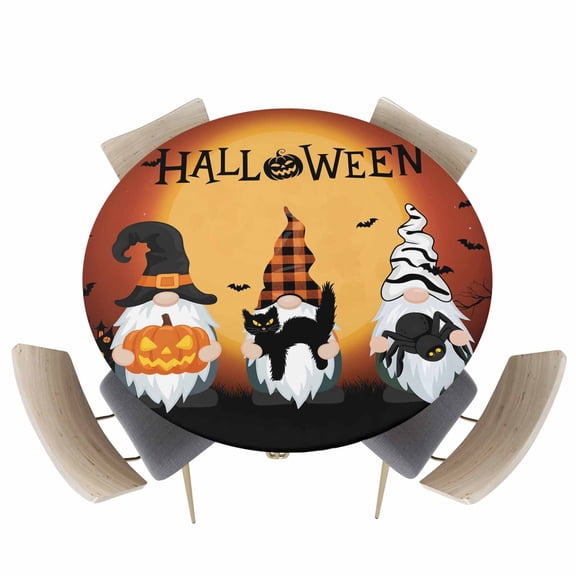 Round Fitted Tablecloths with Elastic Edge Halloween Dwarf Pumpkin Black Cat Spiders- Waterproof Wipeable Table Cover for Kitchen Dining Party Decor Night Moon Dead Trees Table Clothes,36" - 44"