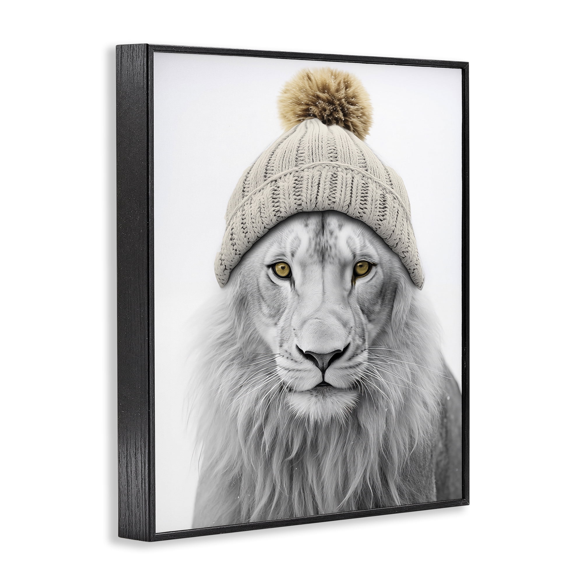 Stupell Industries Lion in Winter Hat Animals & Insects Painting Black Framed Art Print Wall Art, 16 x 20