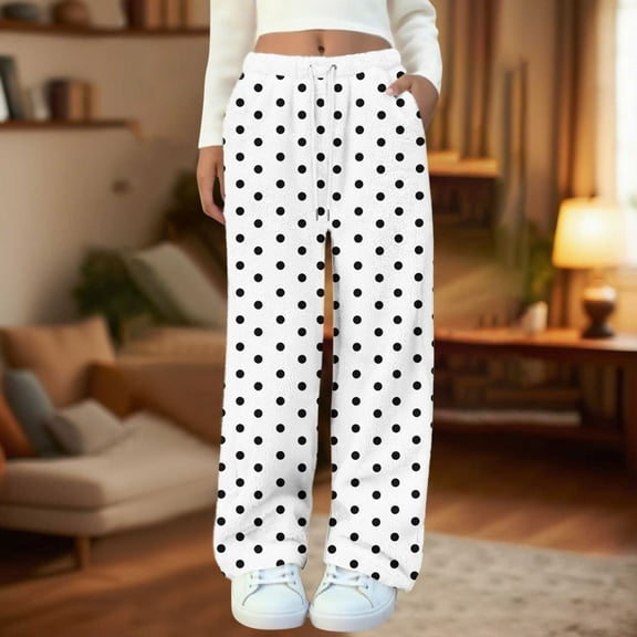 AUNVITO Women's Polka Dot Print Elastic Waist Pants with Side Pockets and Tie Detail Casual and Comfortable Lounge Style
