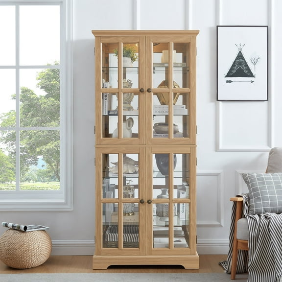 MDQMD Light Oak Tall Storage Curio Cabinet with 4 Adjustable Glass Shelves and Led Light, Wooden Display Storage Cabinet with Glass Doors for Living Room