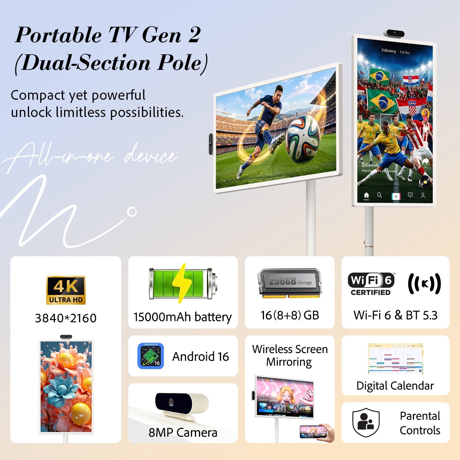 ApoloSign 32" 4K UHD Smart Portable TV with Android 16, 2nd Gen Moveable Touchscreen Monitor on Wheels, 256GB Storage, Built-in 15000mAh Battery, 8MP Camera, Smart Screen for Home & Kitchen