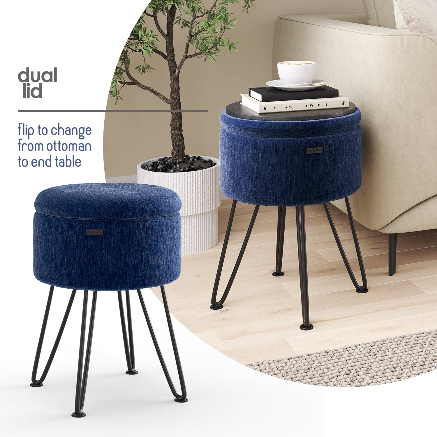 Hearth & Harbor Round Ottoman with Storage, Luxurious Foot Stool and Chic Vanity Stool with Storage, Elegant Textured Velvet Blue
