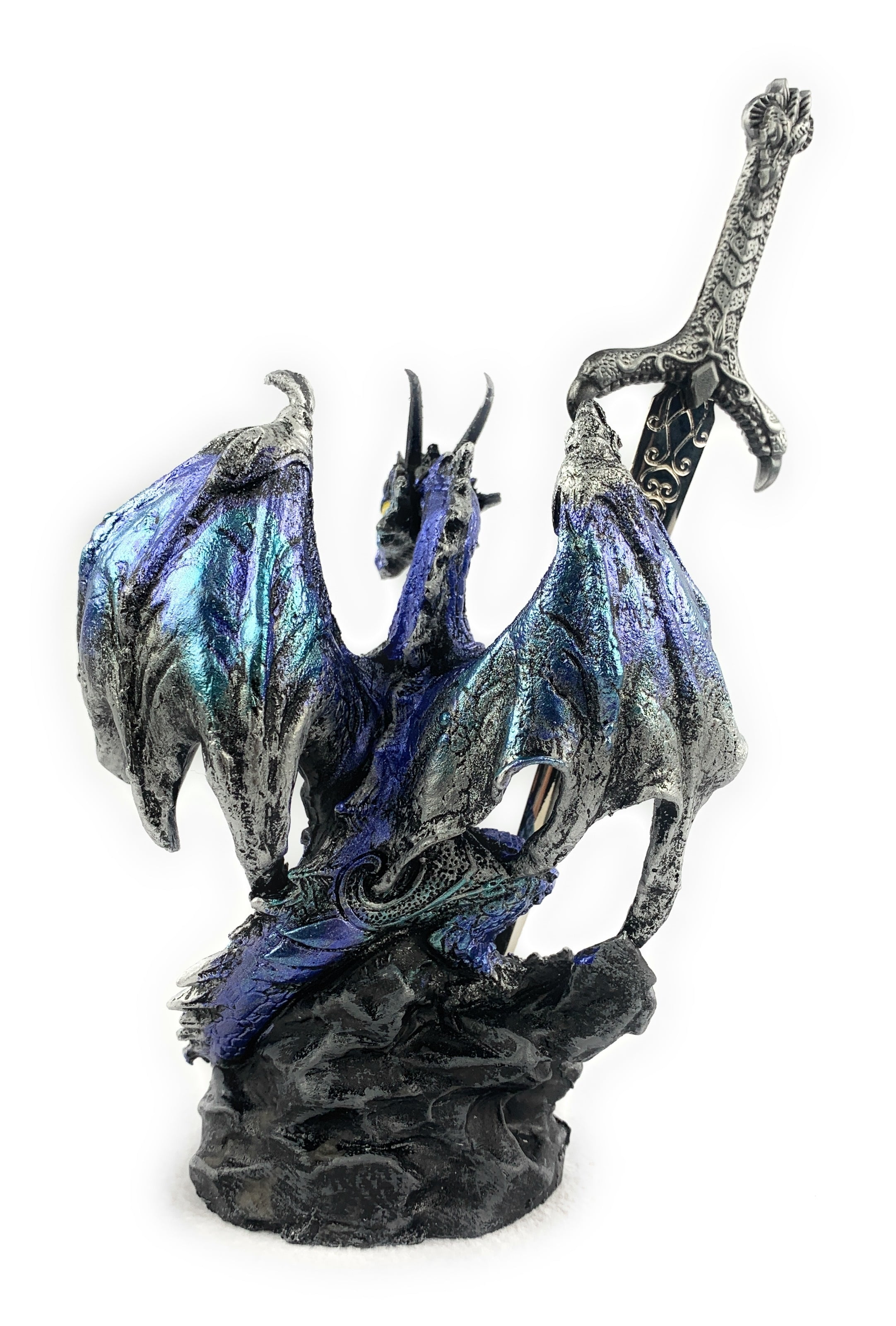 Ain’t It Nice Dragon Statue with Medieval Dragon Sword and Crystal Ball Collectible Dragon Figurine Fantasy Medieval Dragon Décor, Blue 4(L) 2(W) 7(H) inches