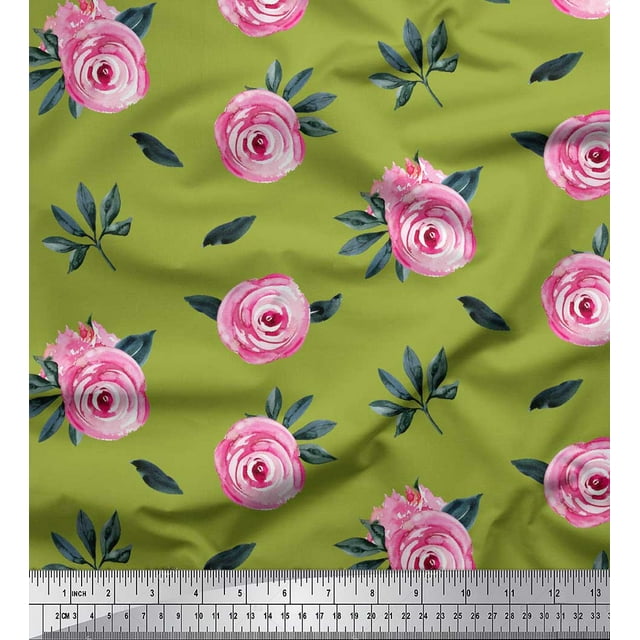 Soimoi Green polyester Crepe Fabric Leaves & Ranunculus Floral Printed Craft Fabric by the Yard 42 Inch Wide