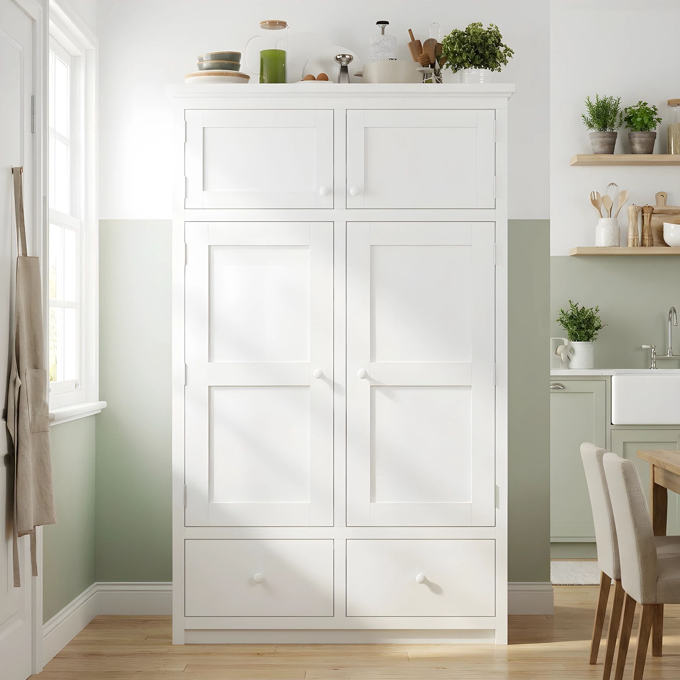 Euroco 74.8" Tall Kitchen Pantry Cabinet with 6 Drawers, Freestanding Storage Cabinet with 8 Door Shelves & 4 Pull-out Trays, Kitchen Hutch Cabinet for Dining Room,White