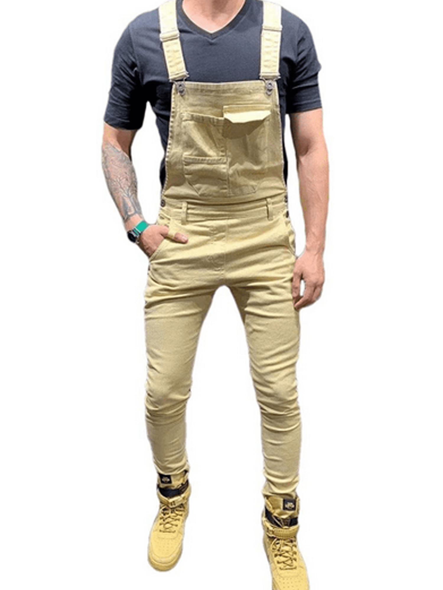 Mens Overall Jumpsuit Holes Ripped Denim Jeans Distressed Broken Pocket Casual Trousers Suspender Pants 