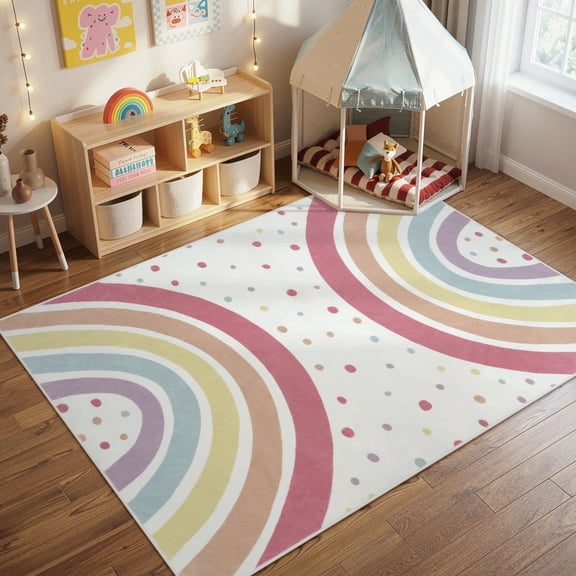 Wonnitar 5'x7' Rainbow Play Rug for Kids - Colorful Educational Area Rug for Nursery & Playroom, Machine Washable Non-Slip Soft Carpet for Classroom, Tent, Dorm
