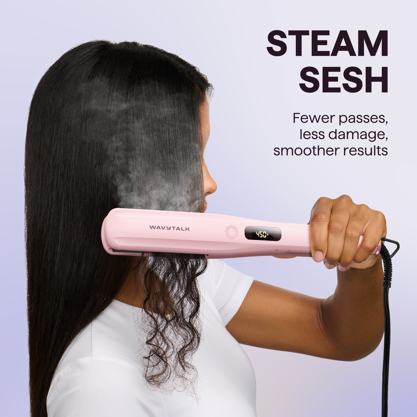 Wavytalk Steam Hair Straightener, 1.38'' Nano Titanium Flat Iron with Detachable Comb for Silk Press Smoothing, Pink