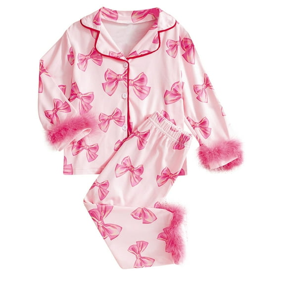Kids Pajama Valentines Day Pjs Long Sleeve Bow Print Button Down Sleepwear Girls Size 5-6 Years Pajamas