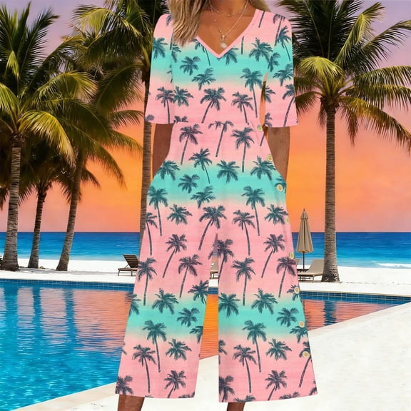 Sokhug Womens Floral Print V Neck Jumpsuit 3/4 Sleeve Wide Leg Cropped Pants with Pockets Casual Summer Romper