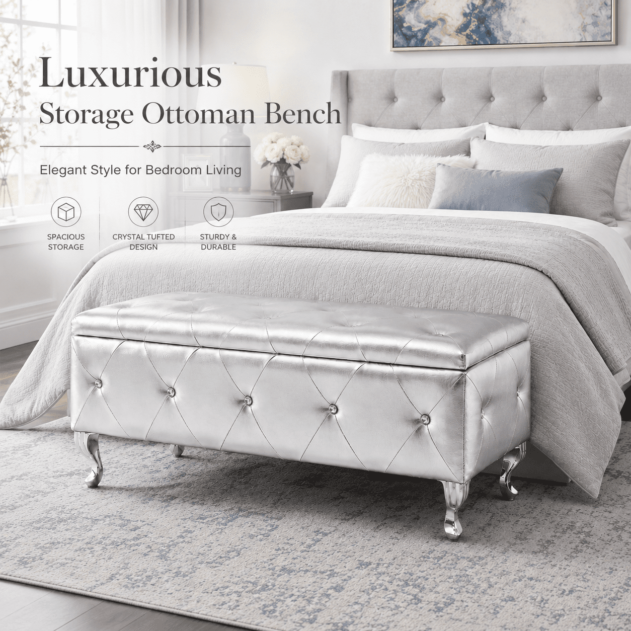 Aukfa 38" Upholstered Storage Ottoman Bench with Hidden Storage, Crystal Tufted Faux Leather Bed Bench, 380 lb, Silver
