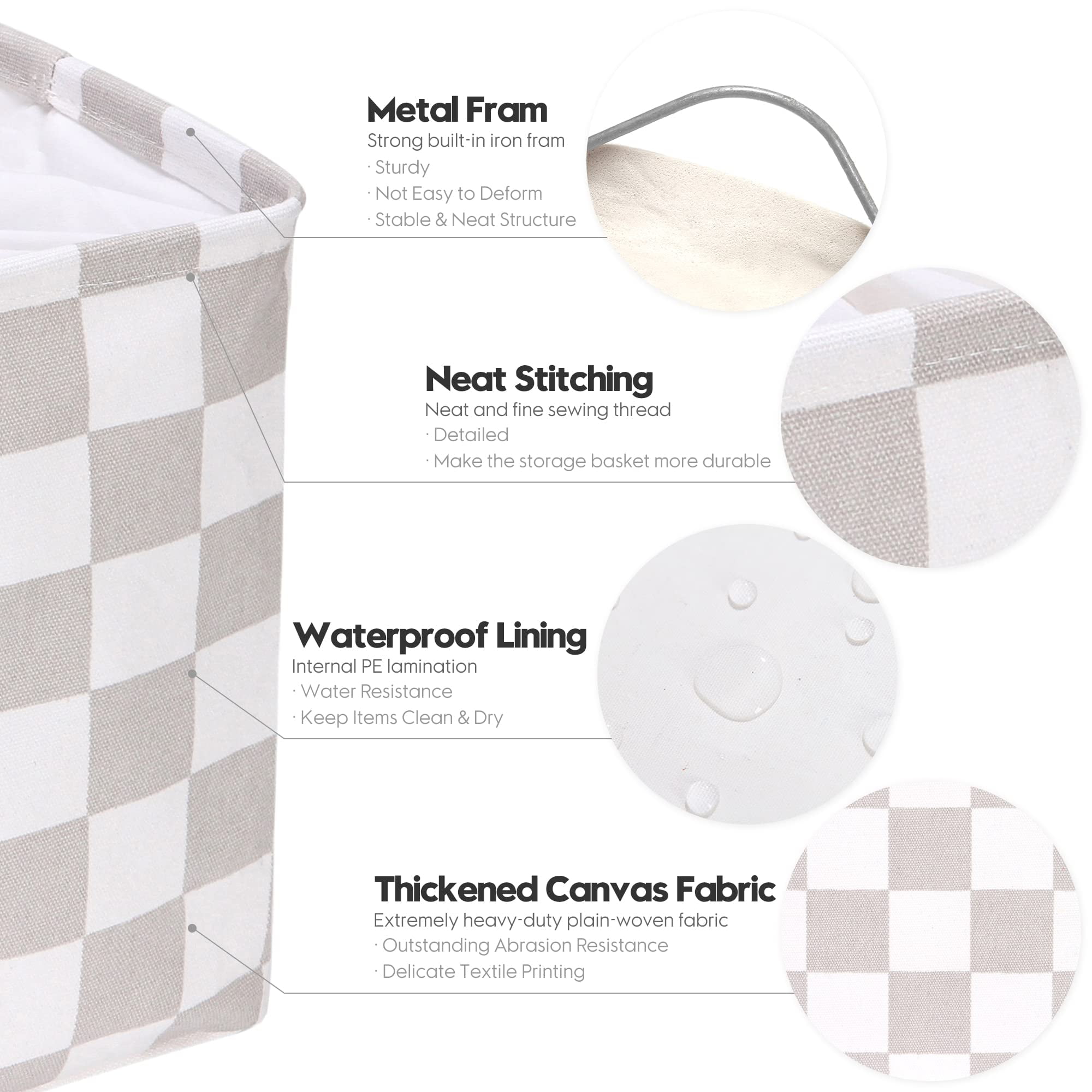Hinwo 3-Pack Square Organizer Shelf Bins, Canvas Fabric Storage Baskets with Handles & Drawstring Cover, 22L Collapsible Storage Boxes, 11 x 11 x 11 Inches, Grey Checkerboard