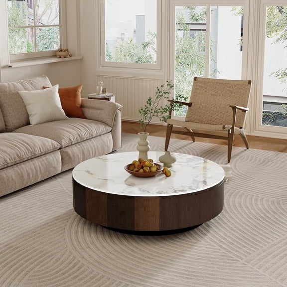 FHKJ HOME 35.4" Modern Round Coffee Table with Storage Drawer, White Sintered Stone Top
