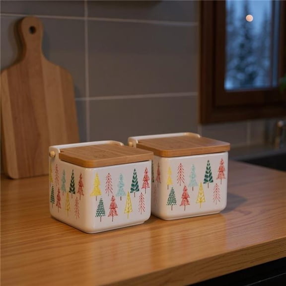 HomeRoots 638948 White Green & Red Ceramic & Wood Christmas Lidded Canisters - Set of 2