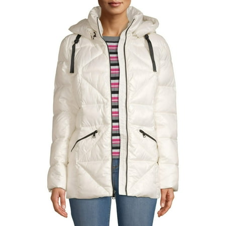 Kendall + Kylie Women's Shiny Long Puffer with Bold Zipper Detail
