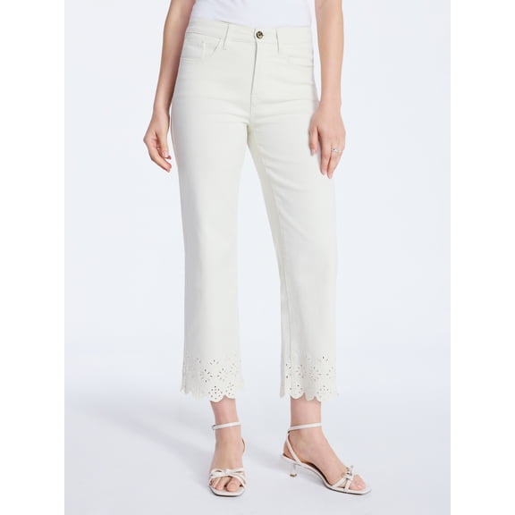 Free Assembly Women's and Women's Plus Embroidered Eyelet Cropped Jeans, 28" Inseam, Sizes 0-26 Plus
