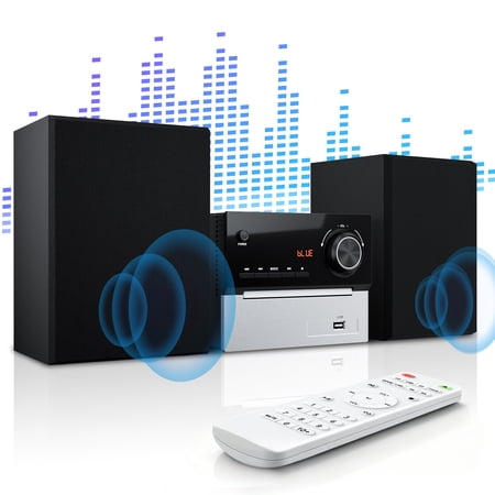 Bluetooth Stereo System for Home, CD Player with 2x15W Speakers, USB, AUX Input, Remote Control Included, Compact & Portable, Black