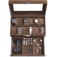 thumbnail image 1 of SONGMICS Caja de Relojes de 2 Niveles, Estuche para 12 Relojes, Tapa de Cristal, con Cerradura, Cuero Sintético Marrón y Forro Marrón, 1 of 5