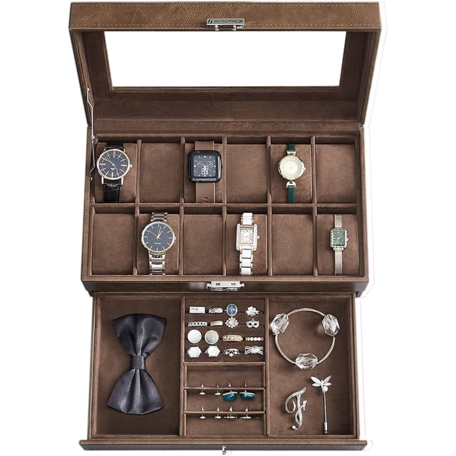 SONGMICS Caja de Relojes de 2 Niveles, Estuche para 12 Relojes, Tapa de Cristal, con Cerradura, Cuero Sintético Marrón y Forro Marrón