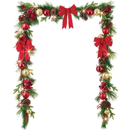 Lighted Pine Christmas Garland With Faux Hydrangeas Real Pinecones Lighted Pine Christmas Garland With Faux Hydrangeas Real Pinecones Ornaments And Bows In Gold