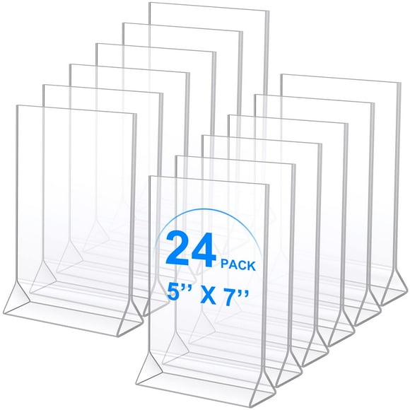Yulejo 24 Pack Support de Panneau Acrylique, Support d'Affichage de Table en Plastique Transparent Double Face Supports d'Affichage de Menu Cadres Photo en Forme de T pour Bureau, Mariages, Réunions