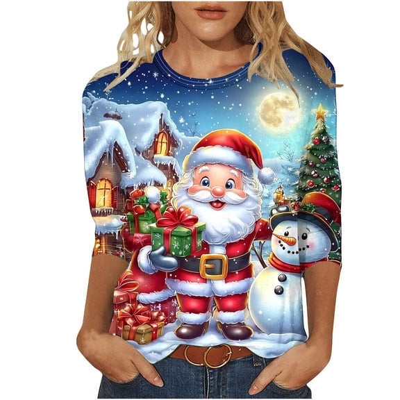 Makaor T Shirts for Women Loose Christmas Plus Size Crew Neck Tops Santa Graphic 3/4 Sleeve Pullover Tees Cute Outfits Clothes