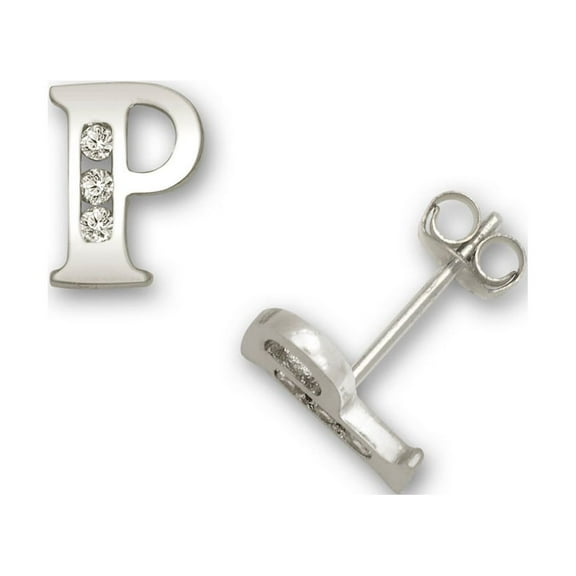 Solid 14k White Gold Channel set (A Z) Cubic Zirconia Letter Name Personalized Monogram Initial Stud Earrings (initial: