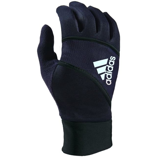 guantes adidas dash 2.0 reflective para hombre, color negro, talla L/XL Guantes negros, vista frontal con logo adidas blanco en el dorso, paneles de tejido técnico y refuerzos en la palma, tejido reflectante visible, puño extendido elástico y punteras con puntos conductivos para pantalla; aptos para running y entrenamientos al aire libre en clima frío.