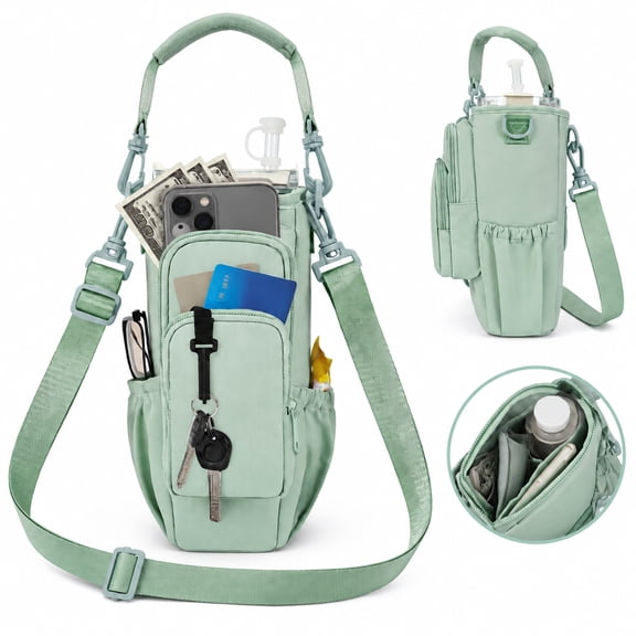 Tumbler Carrier Bag with Multi Zipper Pockets, Adjustable Padded Crossbody Strap, Thermal Storage Pouch for 30/40oz Large Handled Cup, Outdoor Hiking Camping Travel Gym