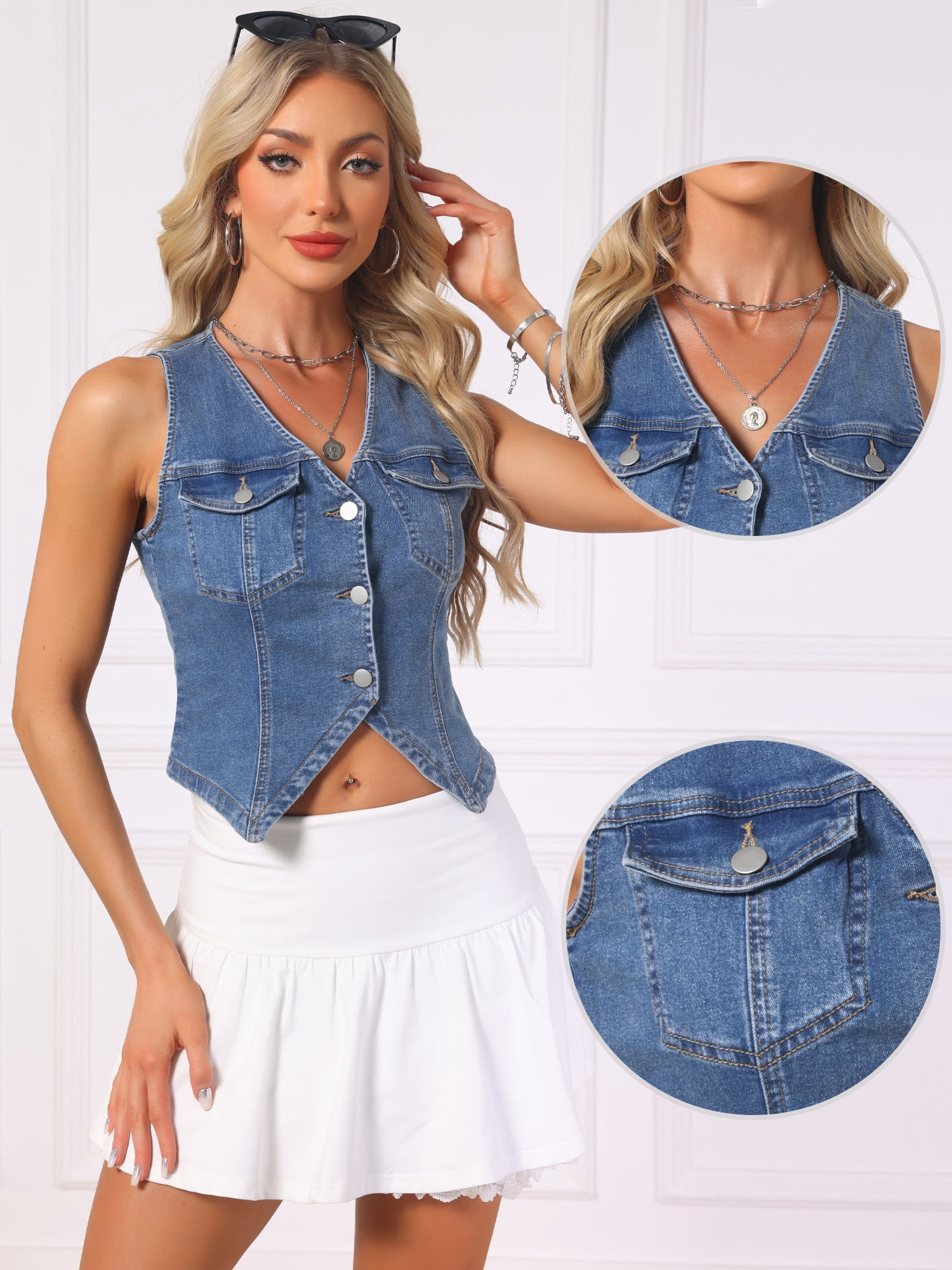 DARING DIVA Women's Sleeveless V Neck Button Down Cropped Denim Vest L Dark Blue