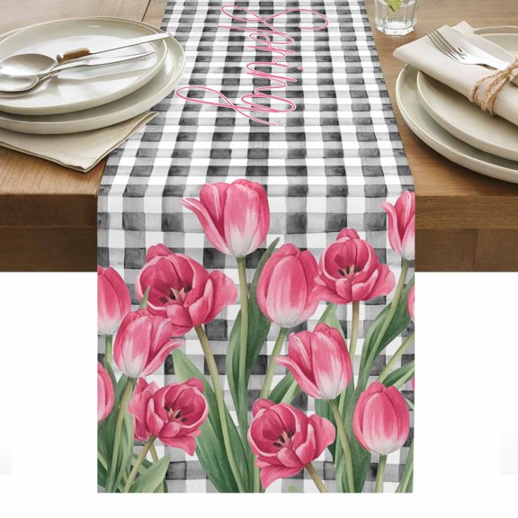 Pink Tulip Flowers Table Runner - 120 Inch Long, Kitchen Dining Table Runner Dresser Scarves, Black Buffalo Plaid Spring Floral Plants Farmhouse Decor for Coffee Tables Wedding Party Banquet