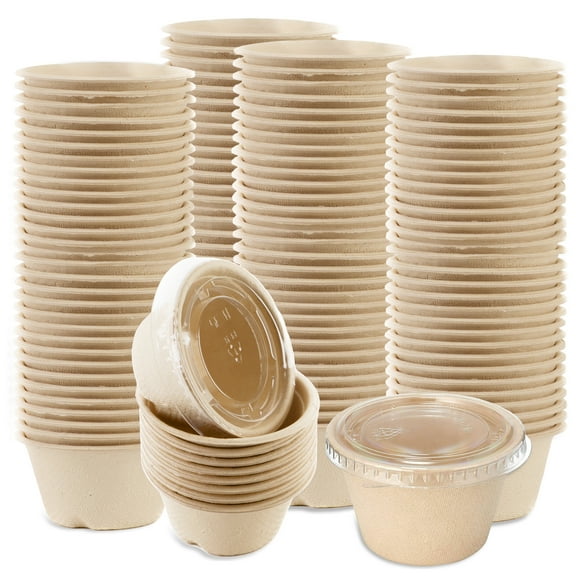 [50 Pack] 2 Oz Compostable Condiment Souffle Bagasse Cups with Lids - Portion Cup with Lid Sugarcane, Biodegradable Perfect for Sauces, Samples, Condiments, Slime, Jello Shot, Food Storage