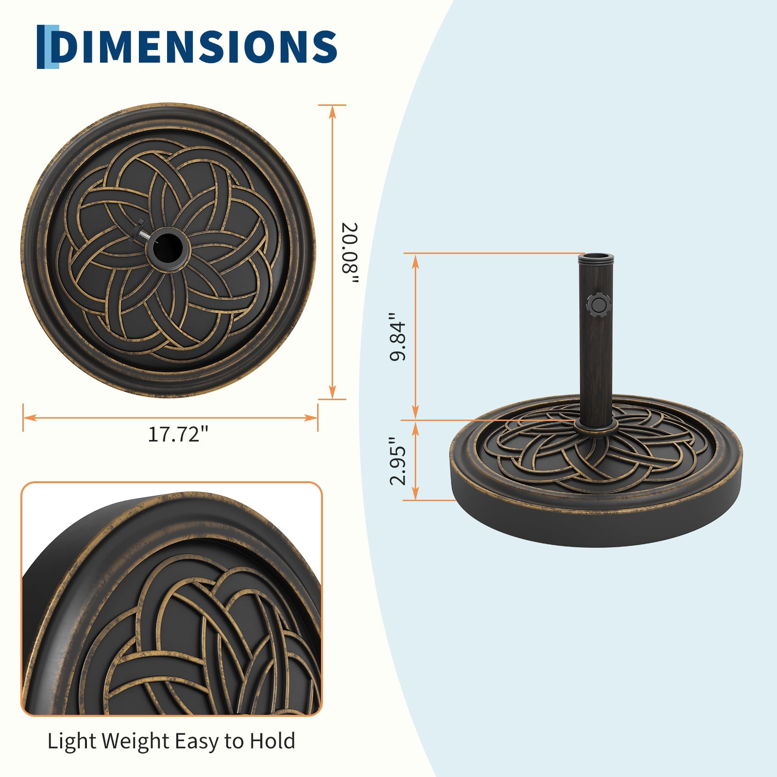 Heavy Duty Round Patio Umbrella Base Stand ,20" 26.5LB Heavy Weight Stand with Adjustable Pole Adapters Fits 1.5"-2.1" Poles for 7.5-11FT Umbrellas