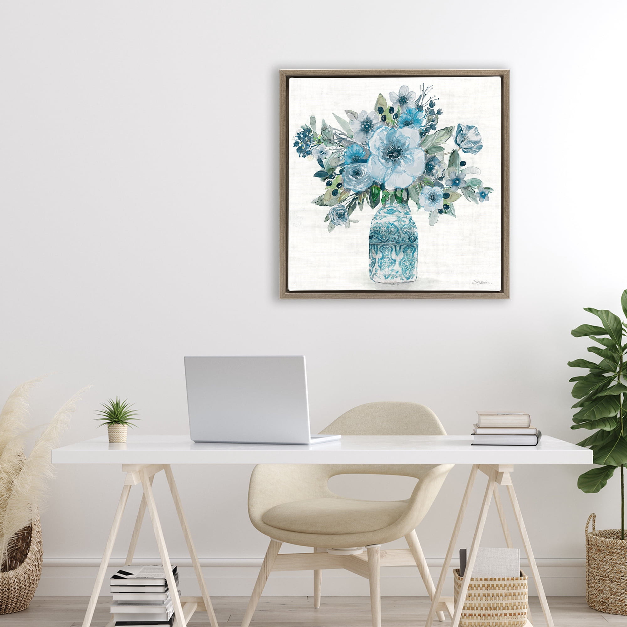 Stupell Industries Pastel Blue Botanical Bouquet Brown Framed Floater Canvas Wall Art, design by Carol Robinson