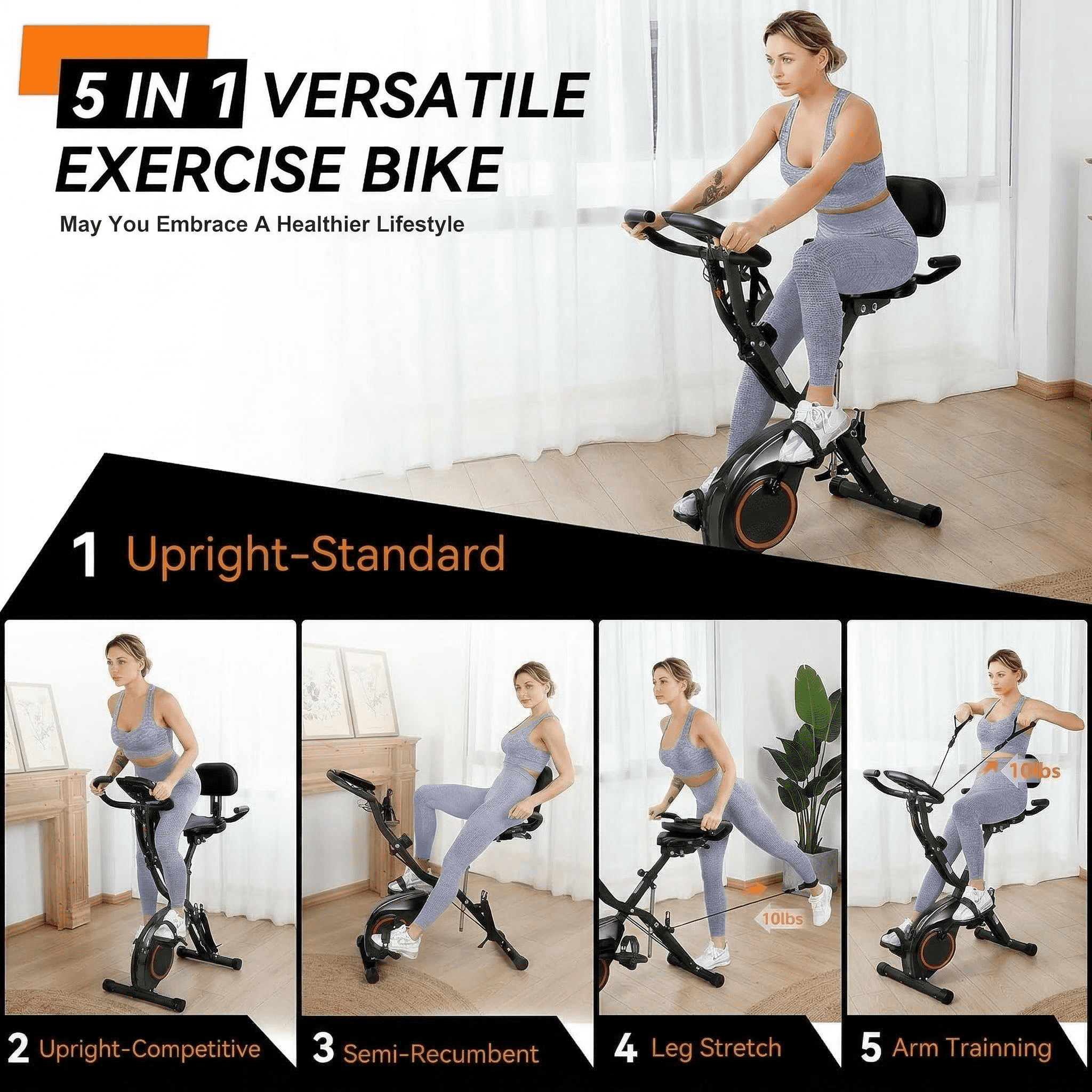 USLIM 5-in-1 Foldable Exercise Bike for Home, Indoor Fitness Bike with 16-Level Magnetic Resistance, 6.6 lb Flywheel, 300 lb Capacity