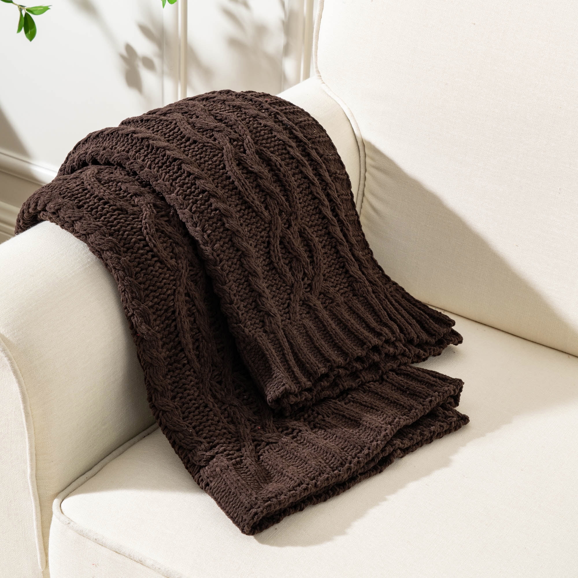 Battilo Chocolate Brown Chenille Throw Blanket, Soft Woven Knit Decorative Blanket for Couch Bed,51"x67"