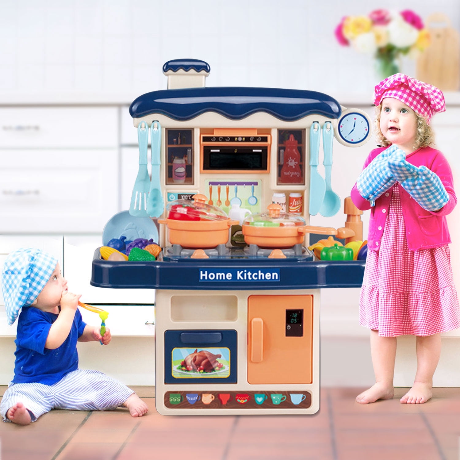 Seenda Little Kitchen Playset, Kitchen Toy Set with Realistic Sound & Light, Play Sink, Cooking Stove, Play Food and Kitchen Accessories for Toddlers Kids (Mini, Blue)