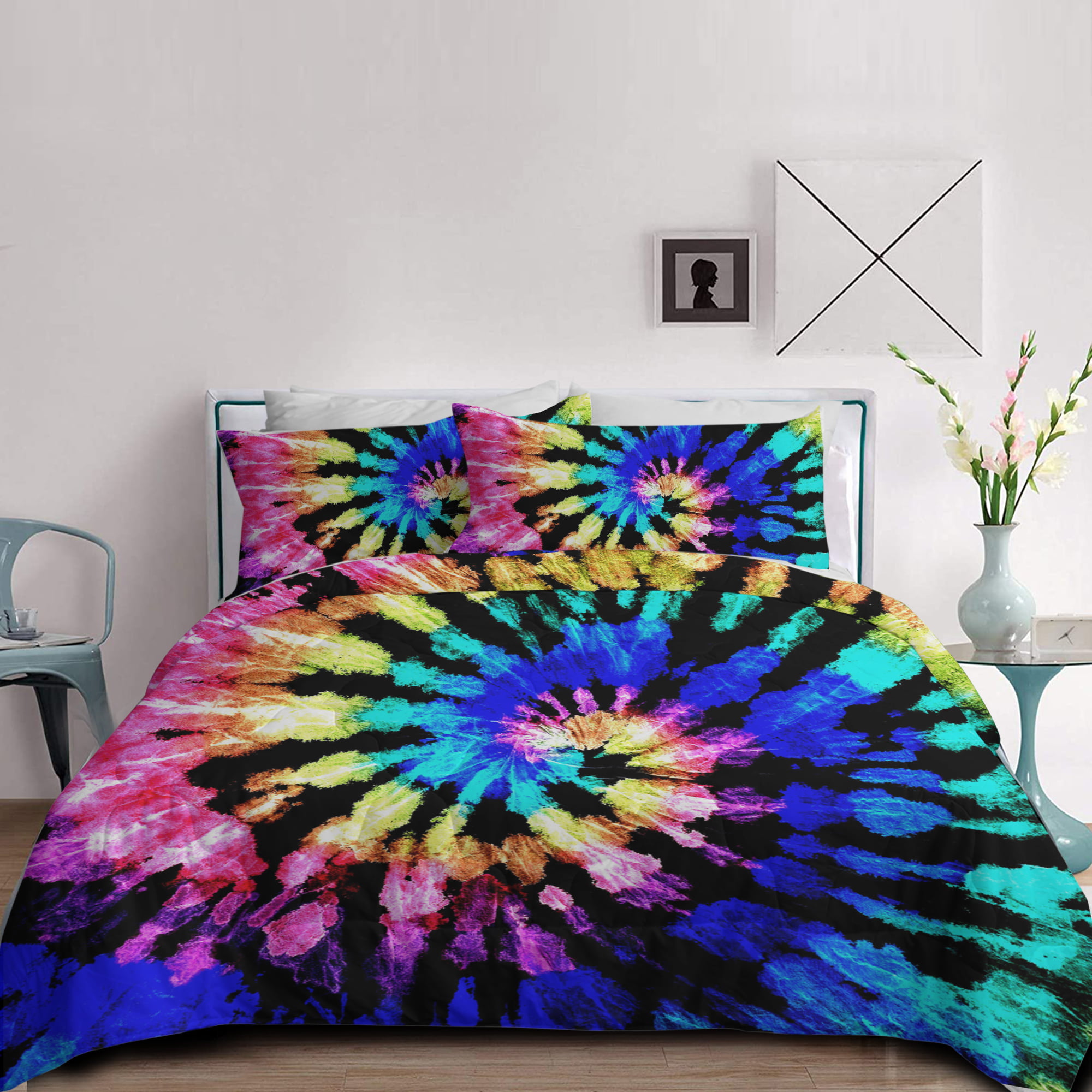 BlessLiving 3 Piece Tie Dye Comforter Set with Pillow Shams Trippy Bedding Hippi 